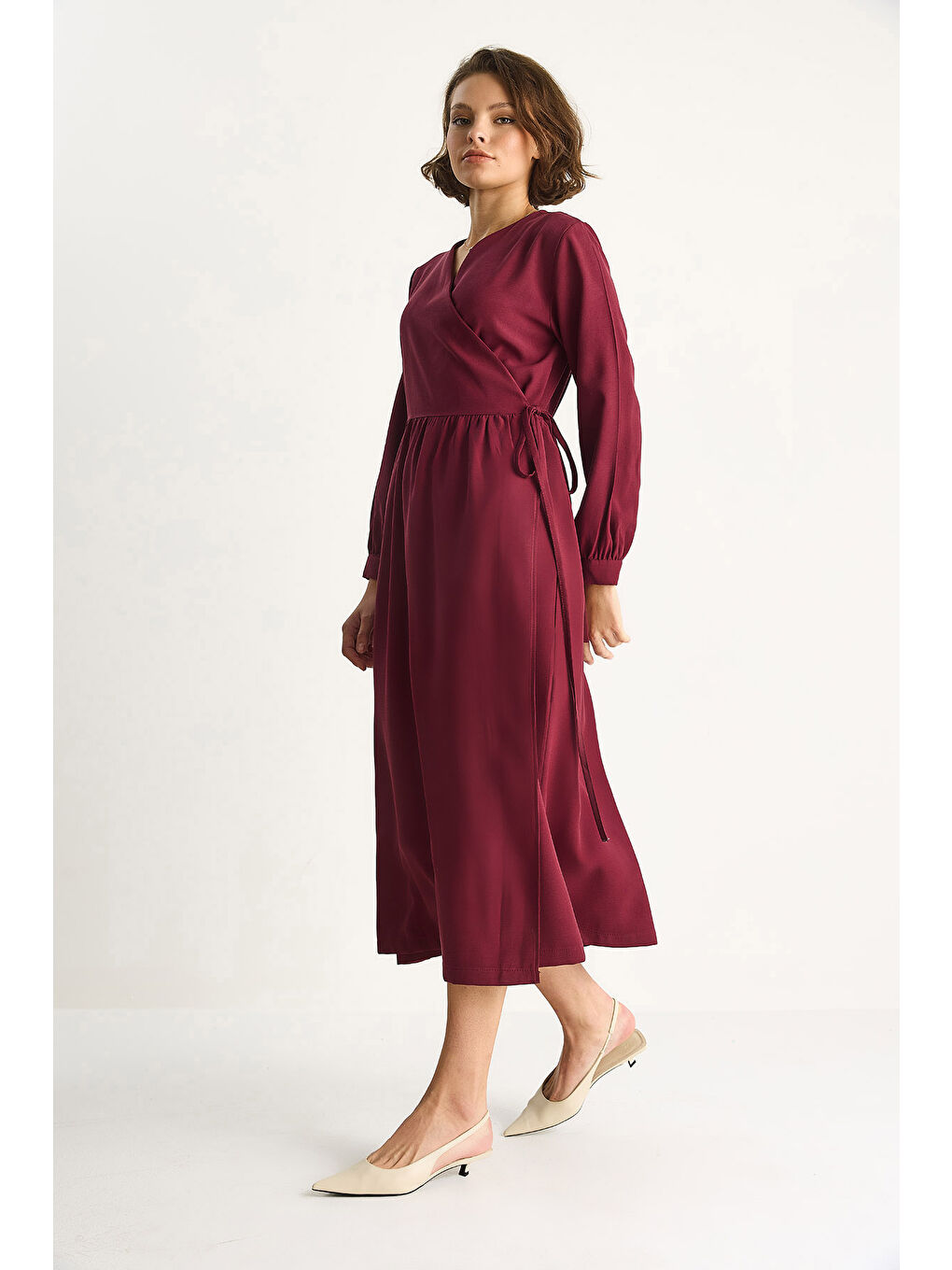 Bordo Kadın Kruvaze Kapamalı Cep Detaylı Modal Uzun Elbise-3