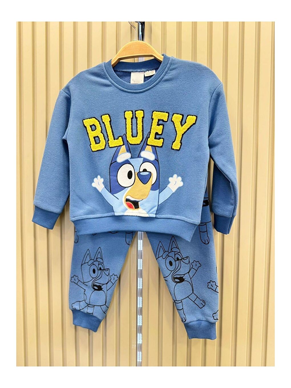 Unisex Çocuk Mavi İşlemeli Bluey Desenli Pamuklu Sweatshirt Eşofman Alt-Üst Takım-1