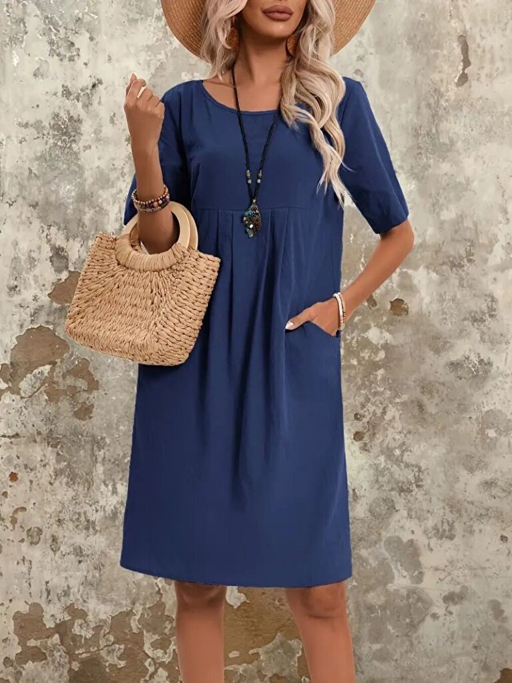 Lacivert Kadın Kısa Kollu Yakası Açık önden Büzgülü Cep Detaylı Viskon Iki Iplik Elbise-1