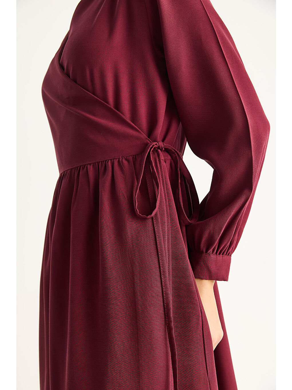 Bordo Kadın Kruvaze Kapamalı Cep Detaylı Modal Uzun Elbise-4