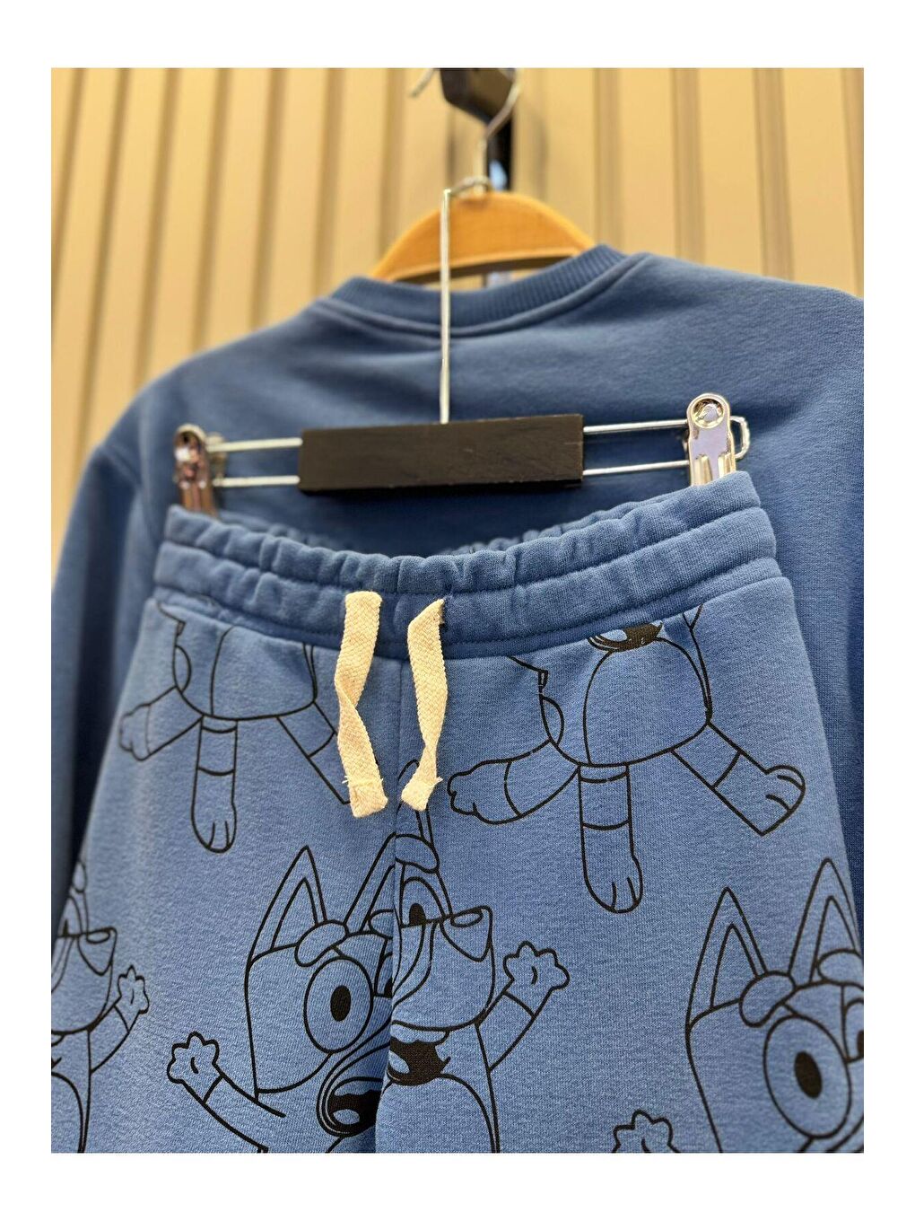 Unisex Çocuk Mavi İşlemeli Bluey Desenli Pamuklu Sweatshirt Eşofman Alt-Üst Takım-2