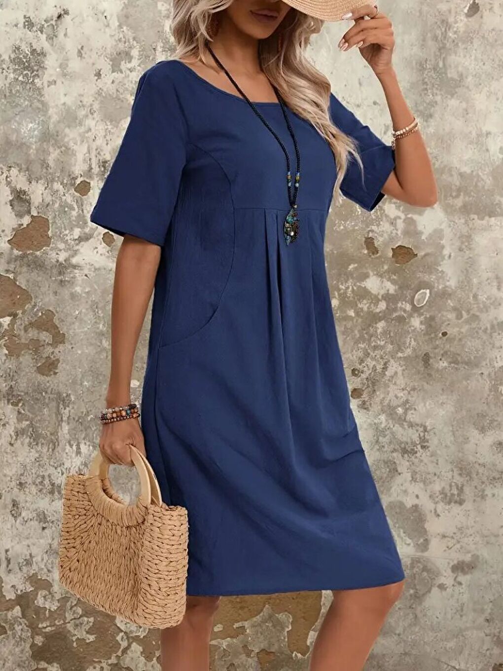 Lacivert Kadın Kısa Kollu Yakası Açık önden Büzgülü Cep Detaylı Viskon Iki Iplik Elbise-2