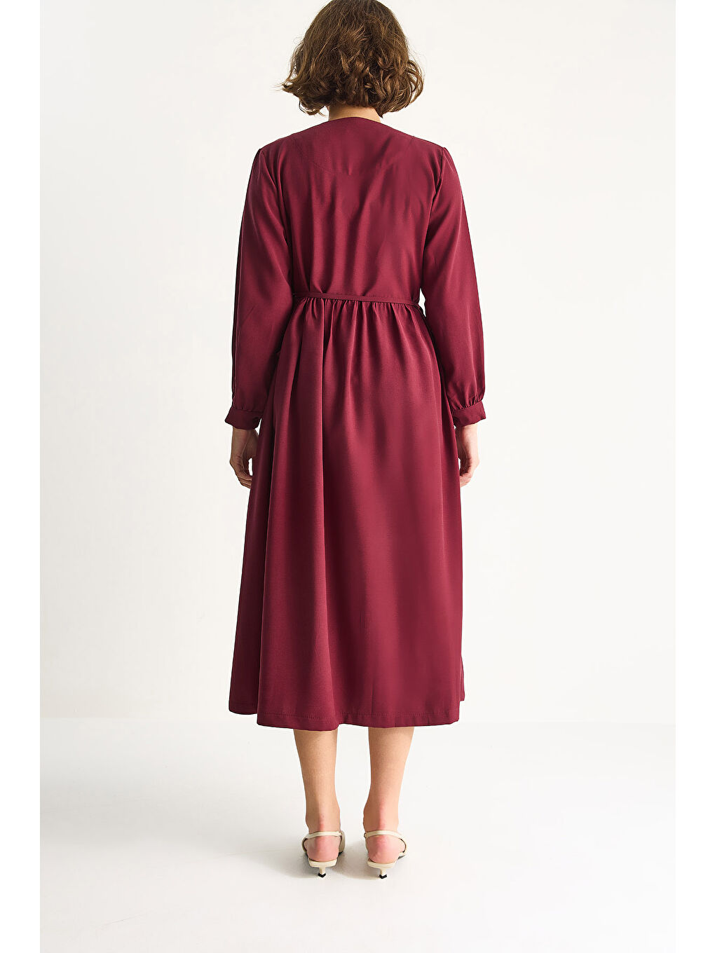 Bordo Kadın Kruvaze Kapamalı Cep Detaylı Modal Uzun Elbise-5