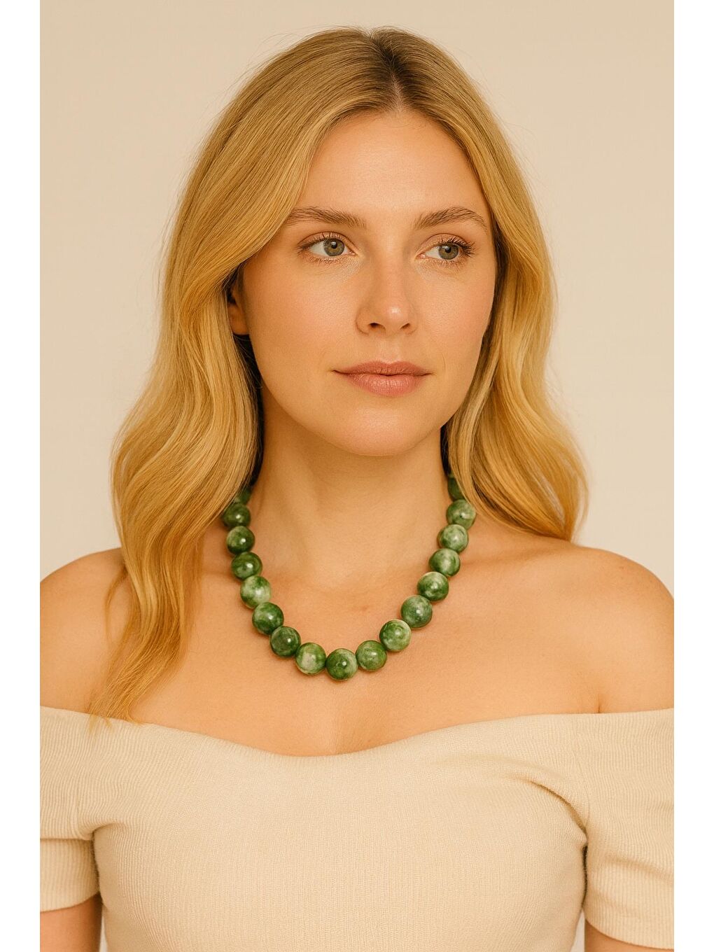 Yeşil Büyük Boncuklu Kadın Kolye - 20mm Boncuklu