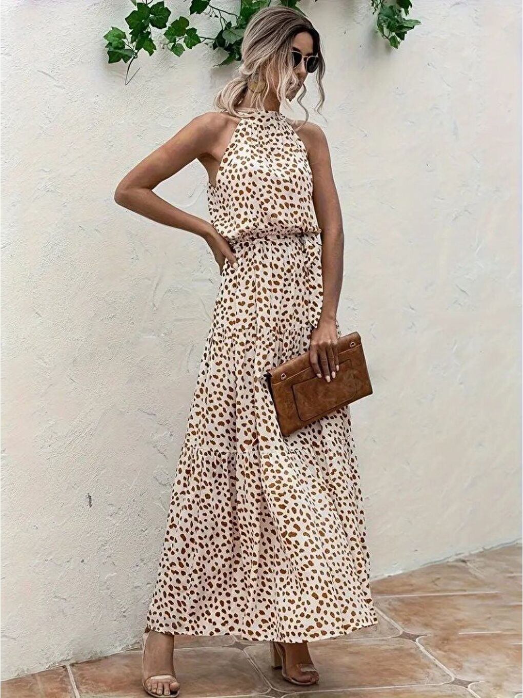 Bej Kadın Daire Yakalı Beli Lastikli Desenli Süprem Elbise-4