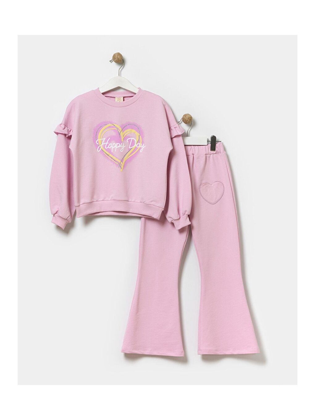 Pembe Kız Çocuk Pamuklu Kalp Desenli Pamuklu Sweatshirt İspanyol Tayt Alt-Üst Takım