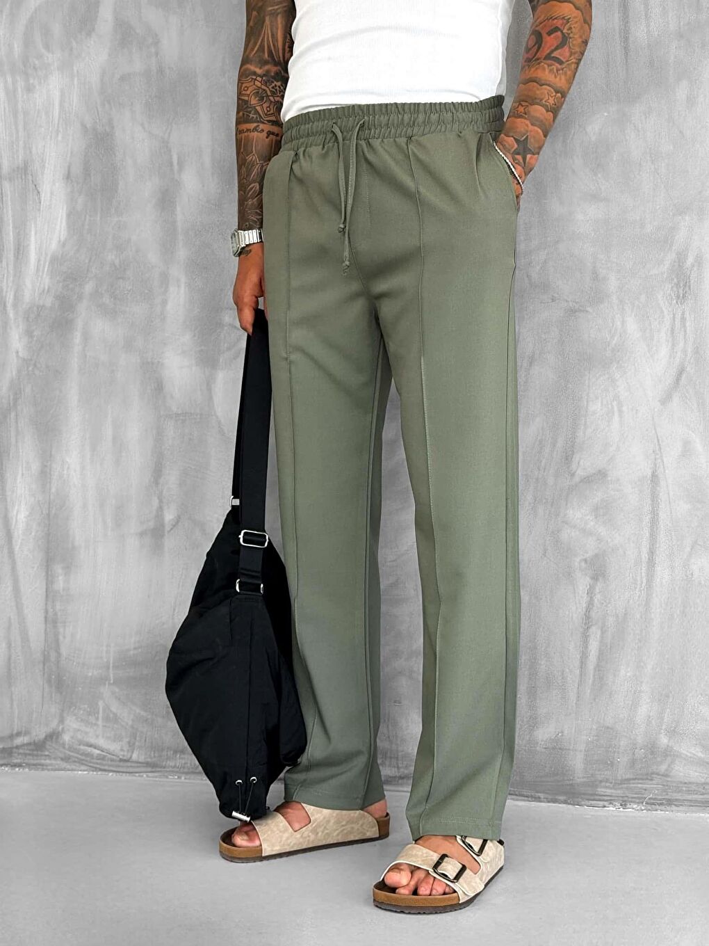 Erkek Beli Lastikli Baggy Pantolon Haki-1