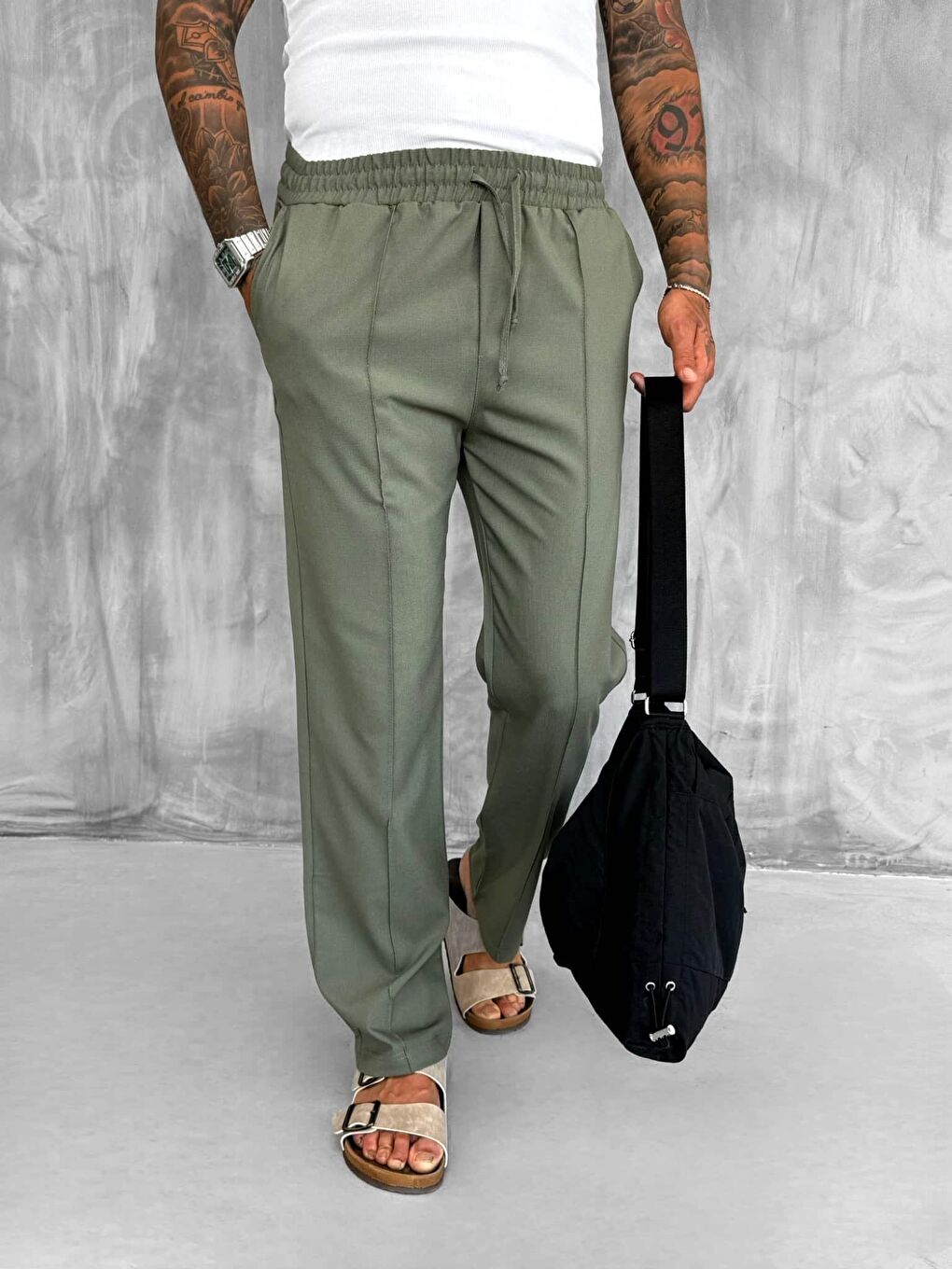 Erkek Beli Lastikli Baggy Pantolon Haki-2