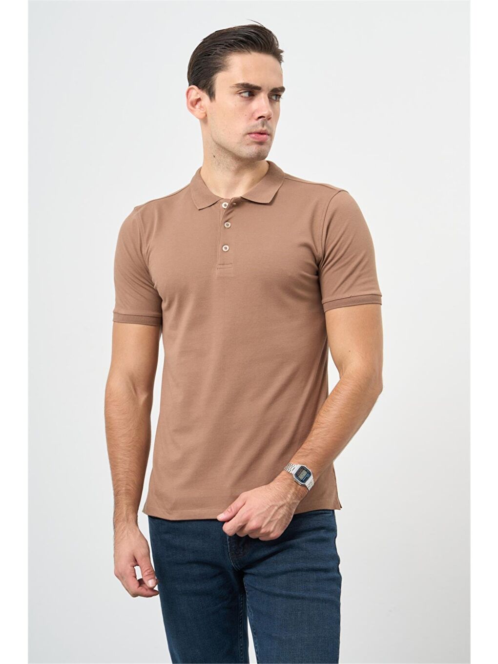 Sütlü Kahverengi Kısa Kol  Jakarlı Polo Yaka Casual Comfort Fit Tişört 1011240189