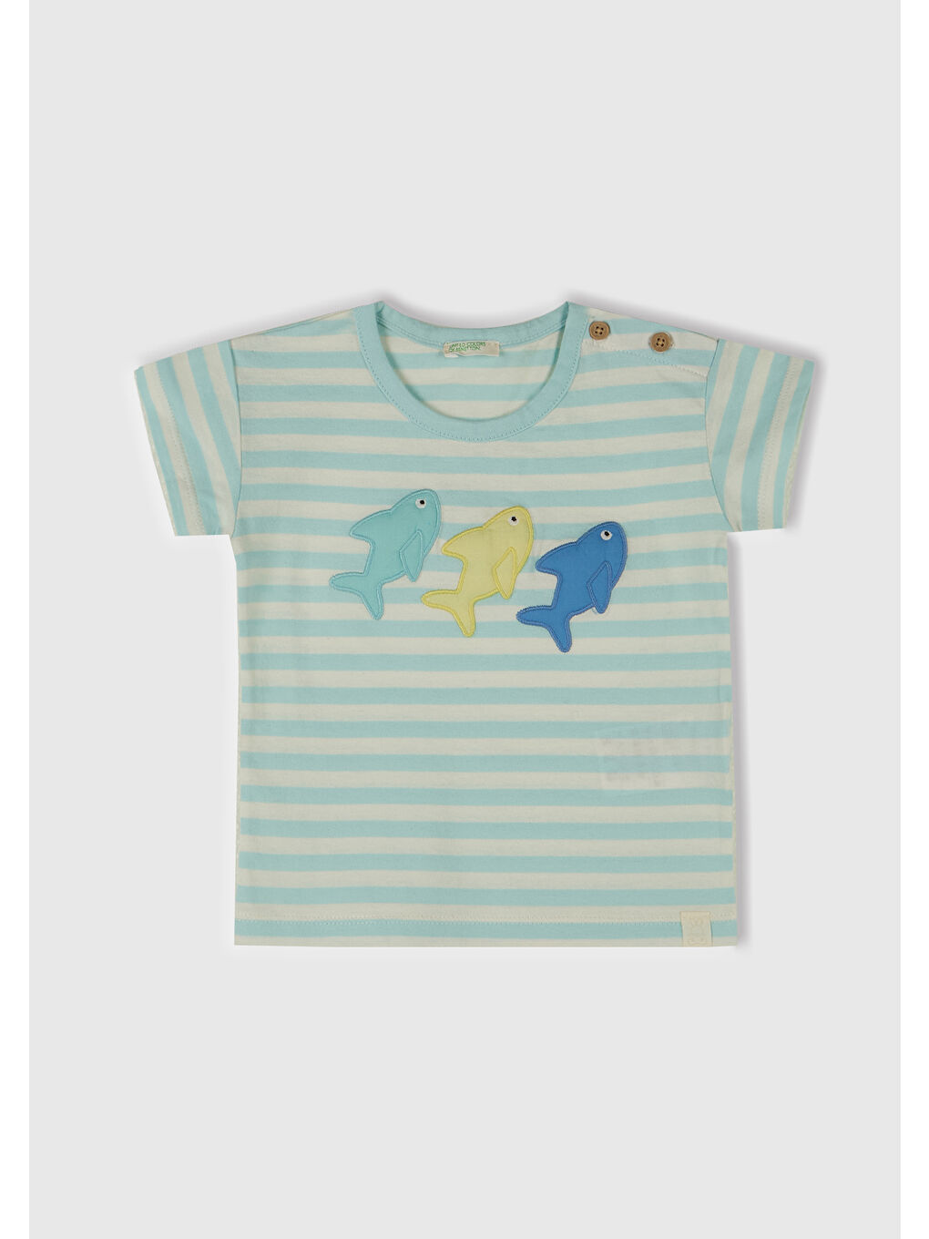 Bebek Toz Mavi Çizgili Önü Baskılı Omzu Logo Düğmeli T-Shirt