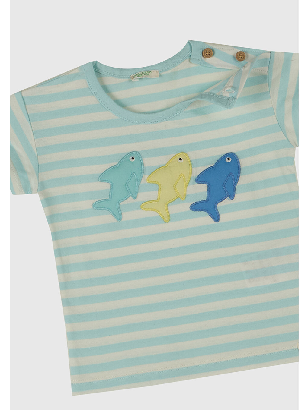 Bebek Toz Mavi Çizgili Önü Baskılı Omzu Logo Düğmeli T-Shirt-1