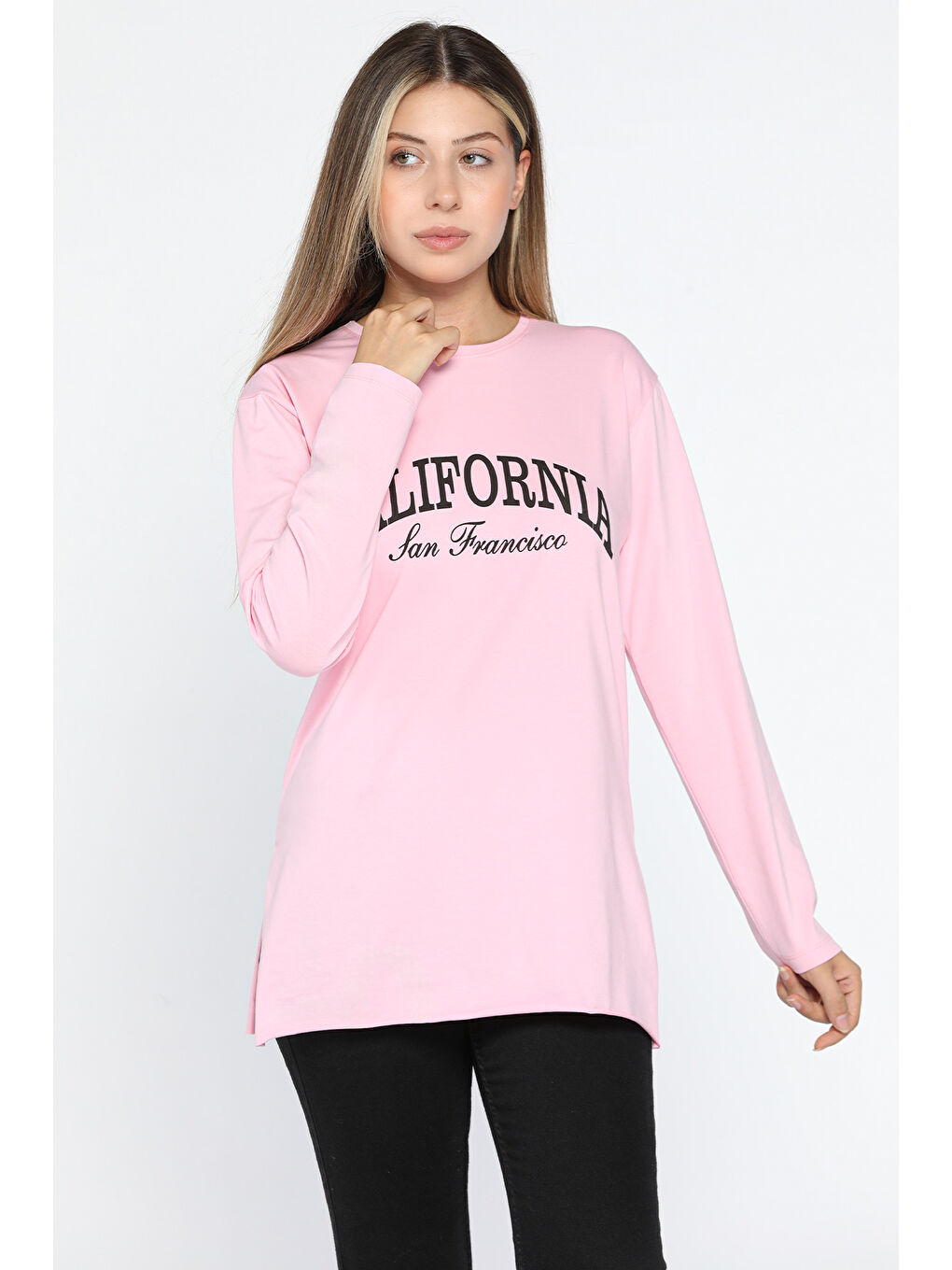 GÜLSELİ Pembe California Baskılı Bisiklet Yaka Yan Yırtmaçlı Penye Sweatshirt