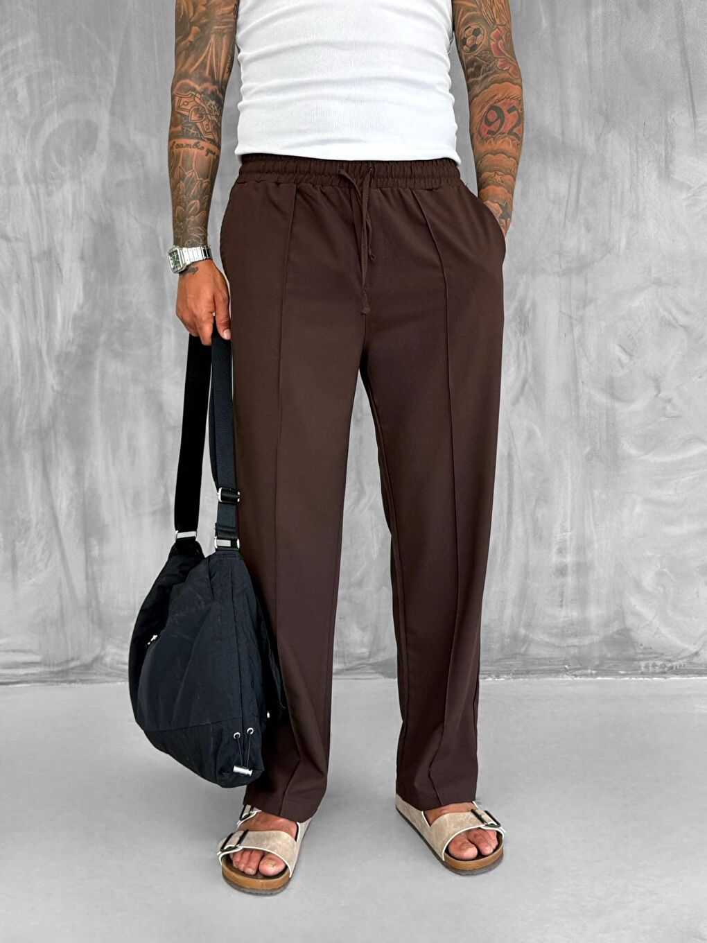 Kahverengi Erkek Beli Lastikli Baggy Pantolon Kahve-2