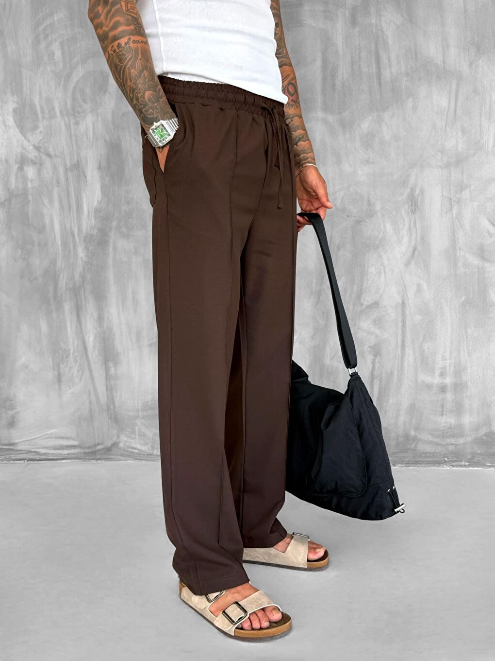 Kahverengi Erkek Beli Lastikli Baggy Pantolon Kahve-3