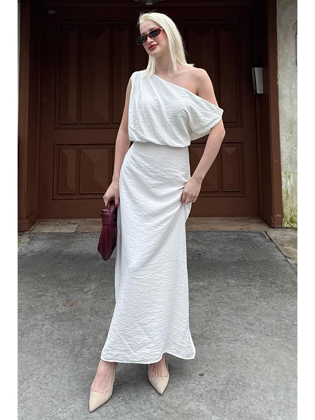 Beyaz Düşük Omuz Elbise Mg2349-1