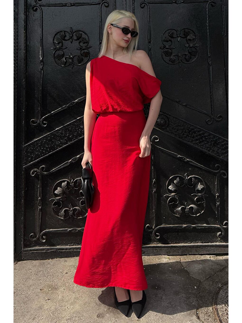 Kırmızı Düşük Omuz Elbise Mg2349-2