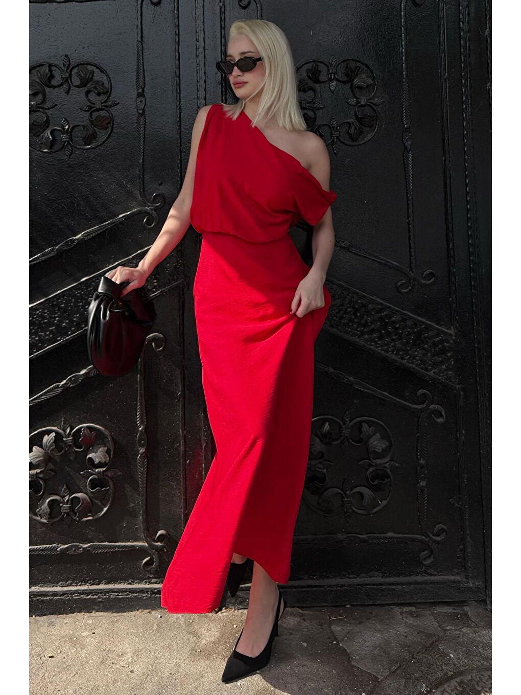 Kırmızı Düşük Omuz Elbise Mg2349-3