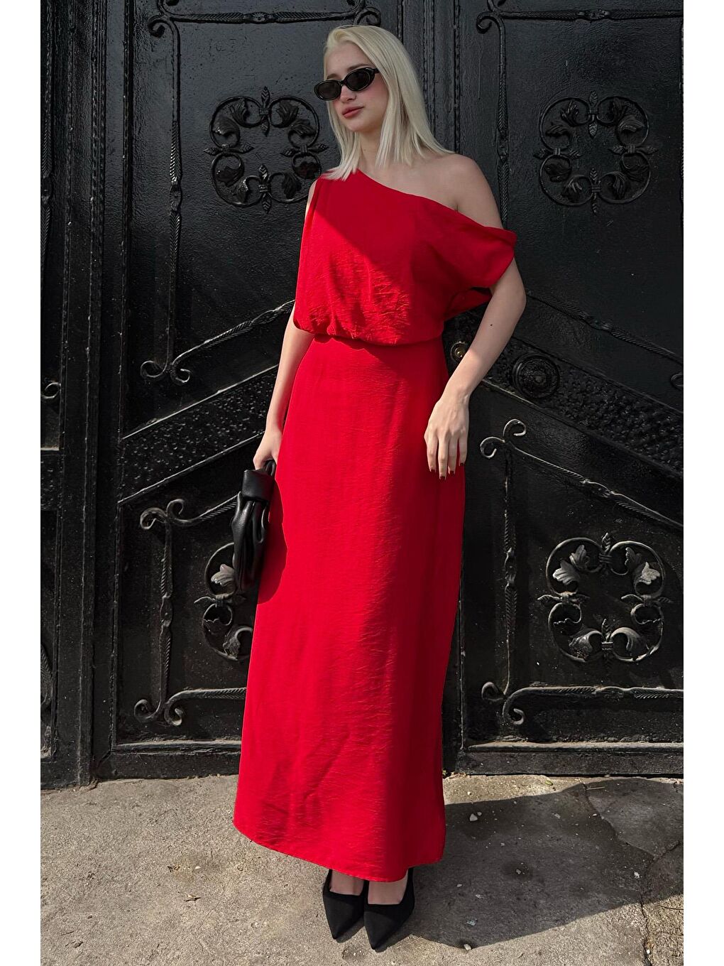 Kırmızı Düşük Omuz Elbise Mg2349-4