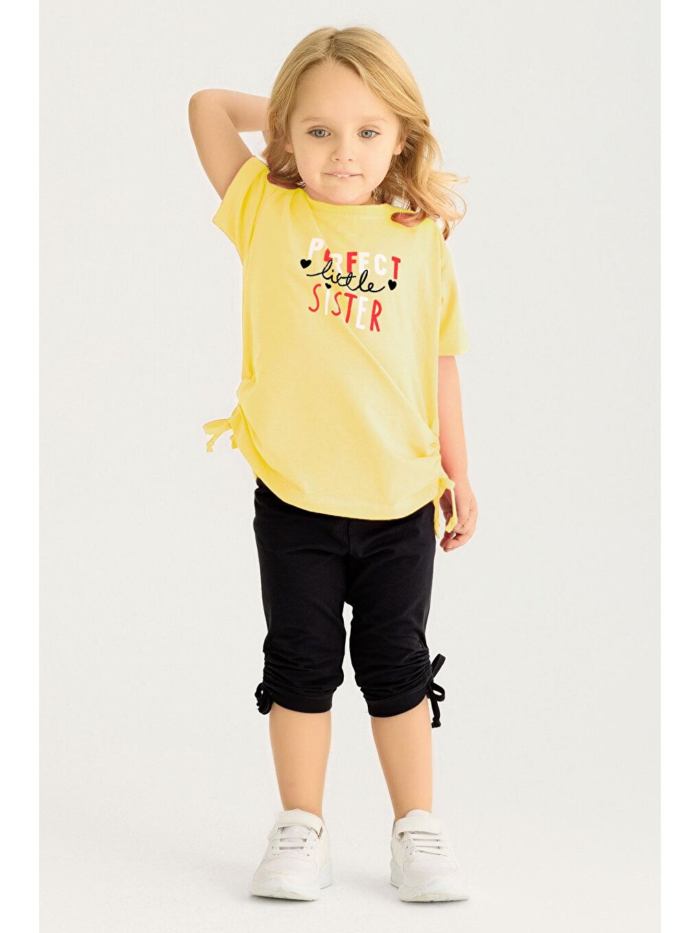 Bisiklet Yaka Kısa Kol Perfect Sister Baskılı Sarı Renk Kız Çocuk Taytlı Takım-3