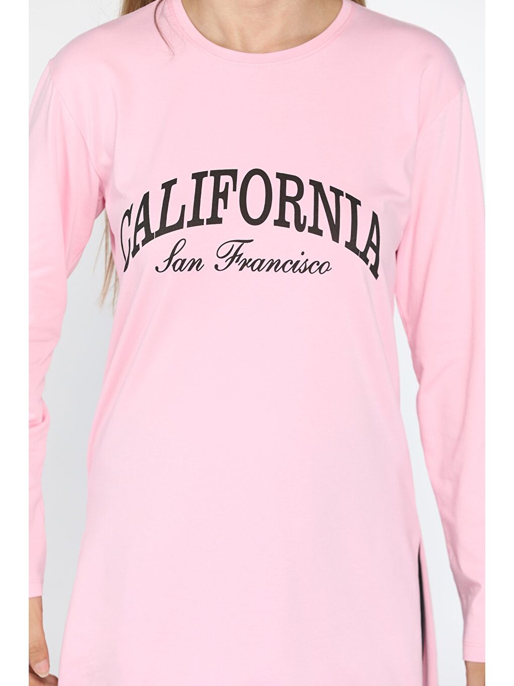 GÜLSELİ Pembe California Baskılı Bisiklet Yaka Yan Yırtmaçlı Penye Sweatshirt - 3