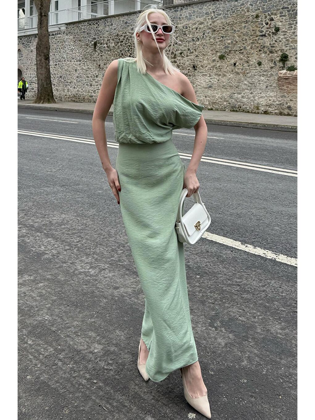 Mint Yeşili Düşük Omuz Elbise Mg2349-2