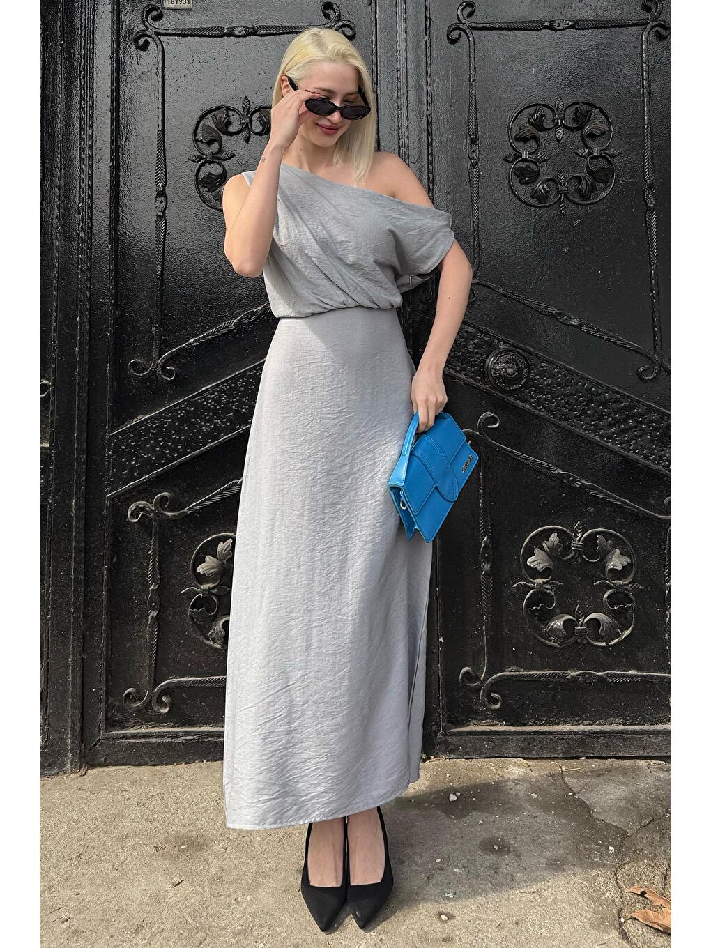 Gri Düşük Omuz Elbise Mg2349-1