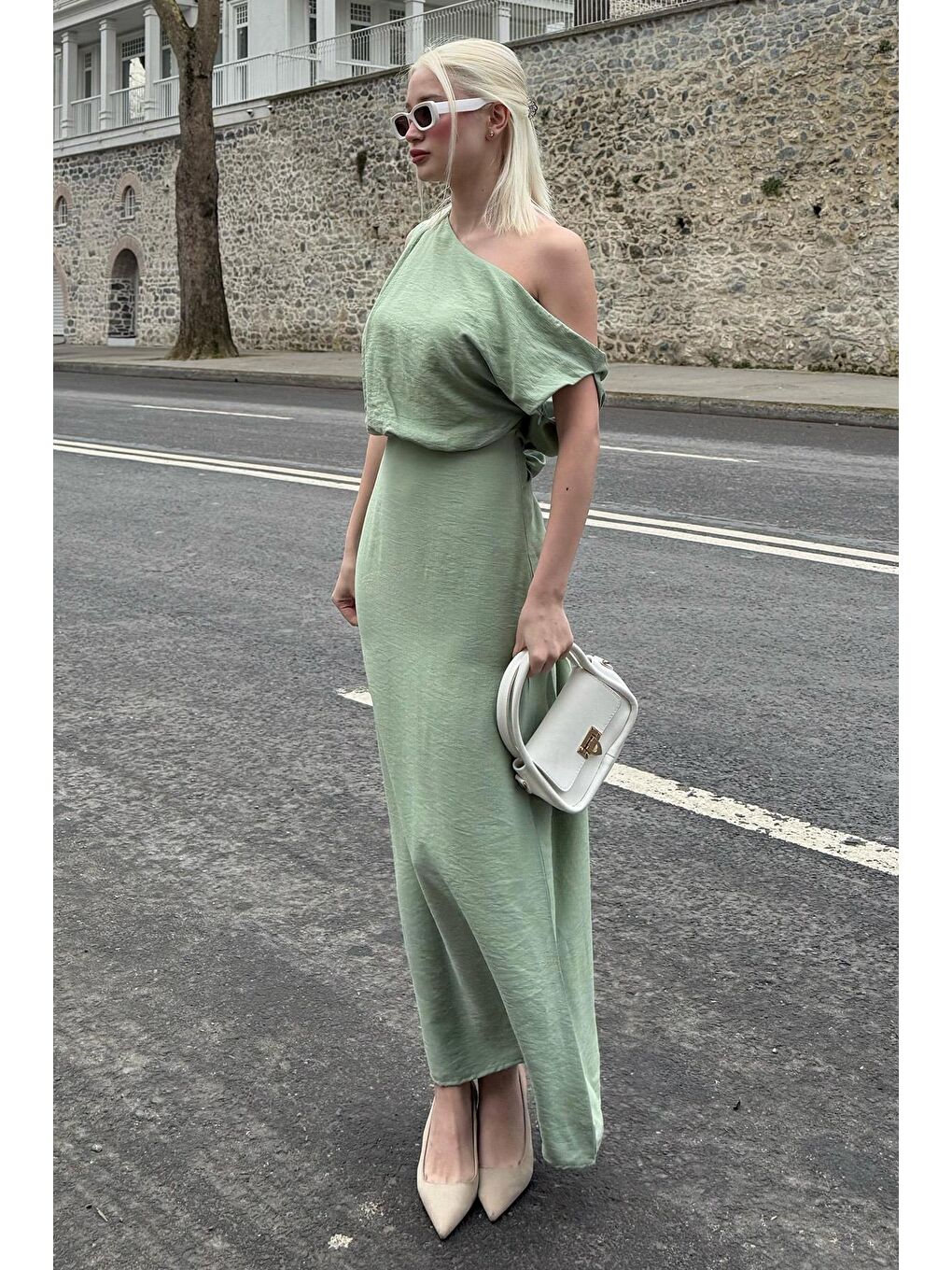 Mint Yeşili Düşük Omuz Elbise Mg2349-4