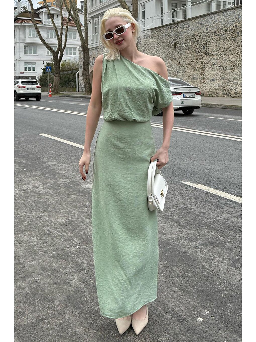 Mint Yeşili Düşük Omuz Elbise Mg2349-5