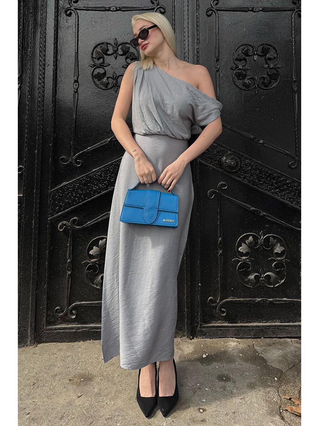 Gri Düşük Omuz Elbise Mg2349-3