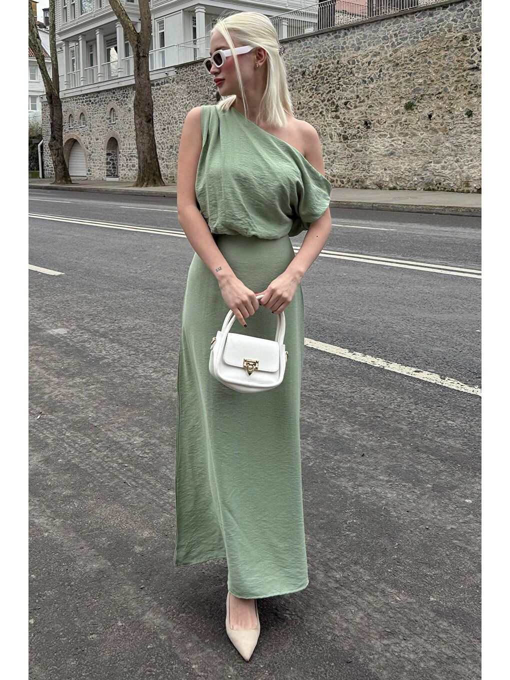 Mint Yeşili Düşük Omuz Elbise Mg2349-6