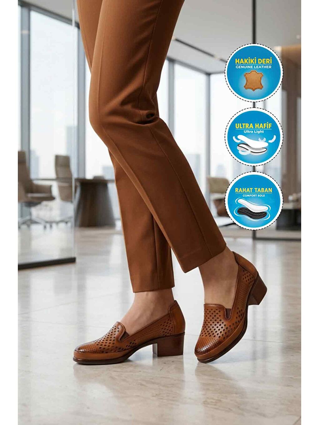Kahverengi Taba Hakiki Deri Kadın Topuklu Klasik Ayakkabı 16274 Z-2
