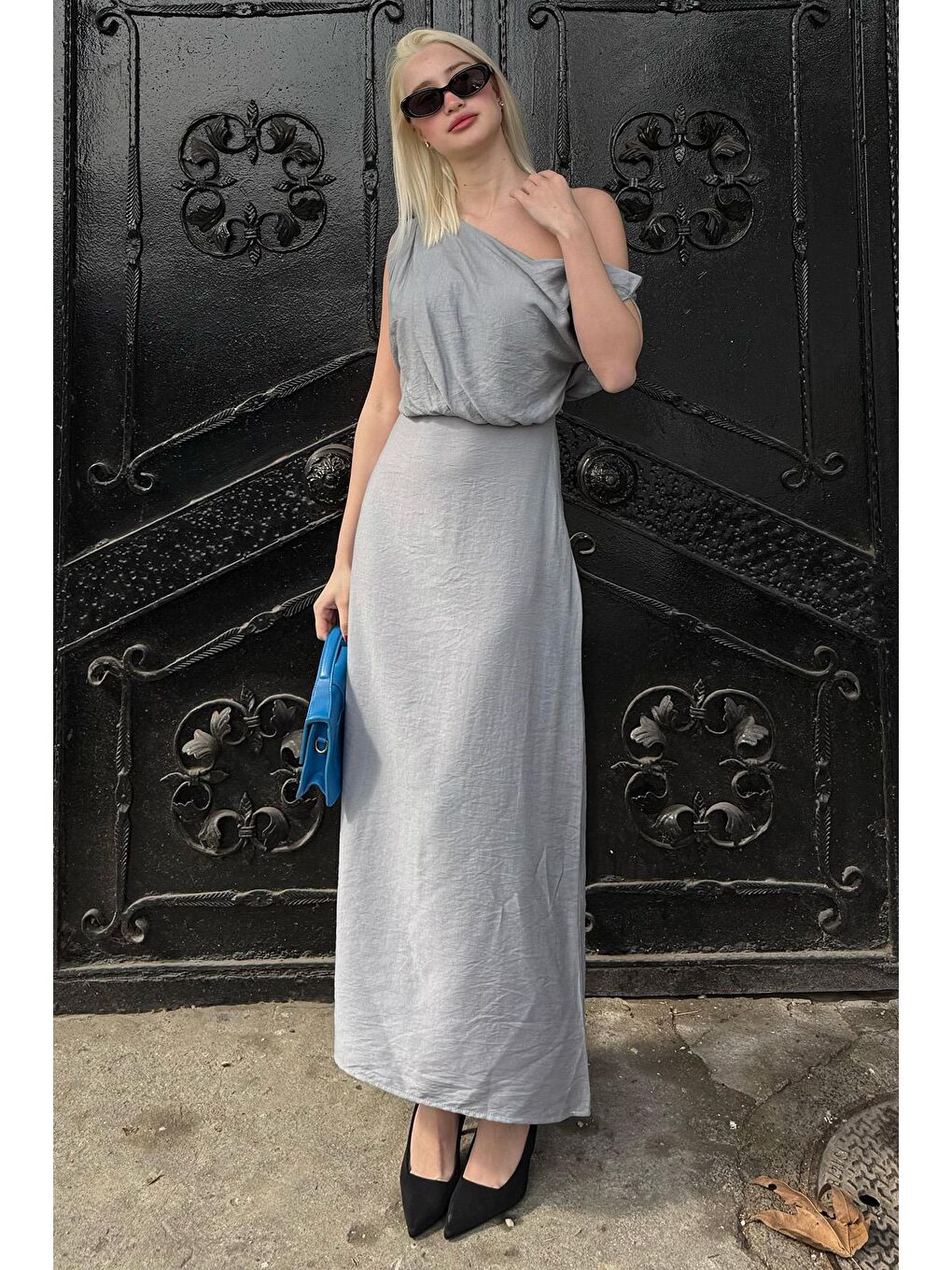 Gri Düşük Omuz Elbise Mg2349-5