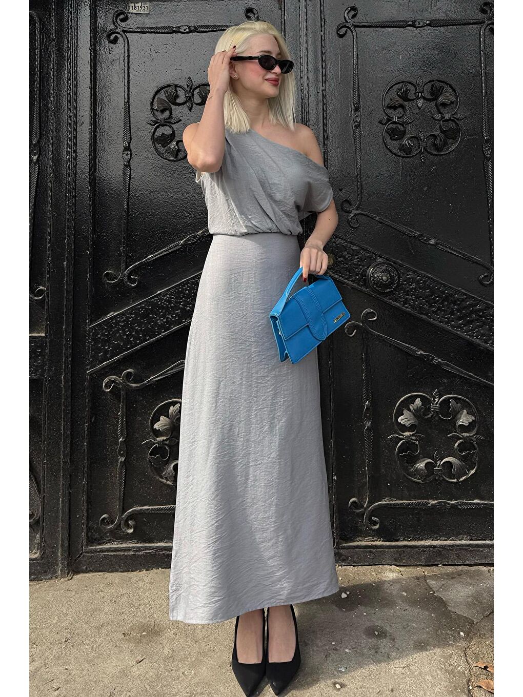 Gri Düşük Omuz Elbise Mg2349-6