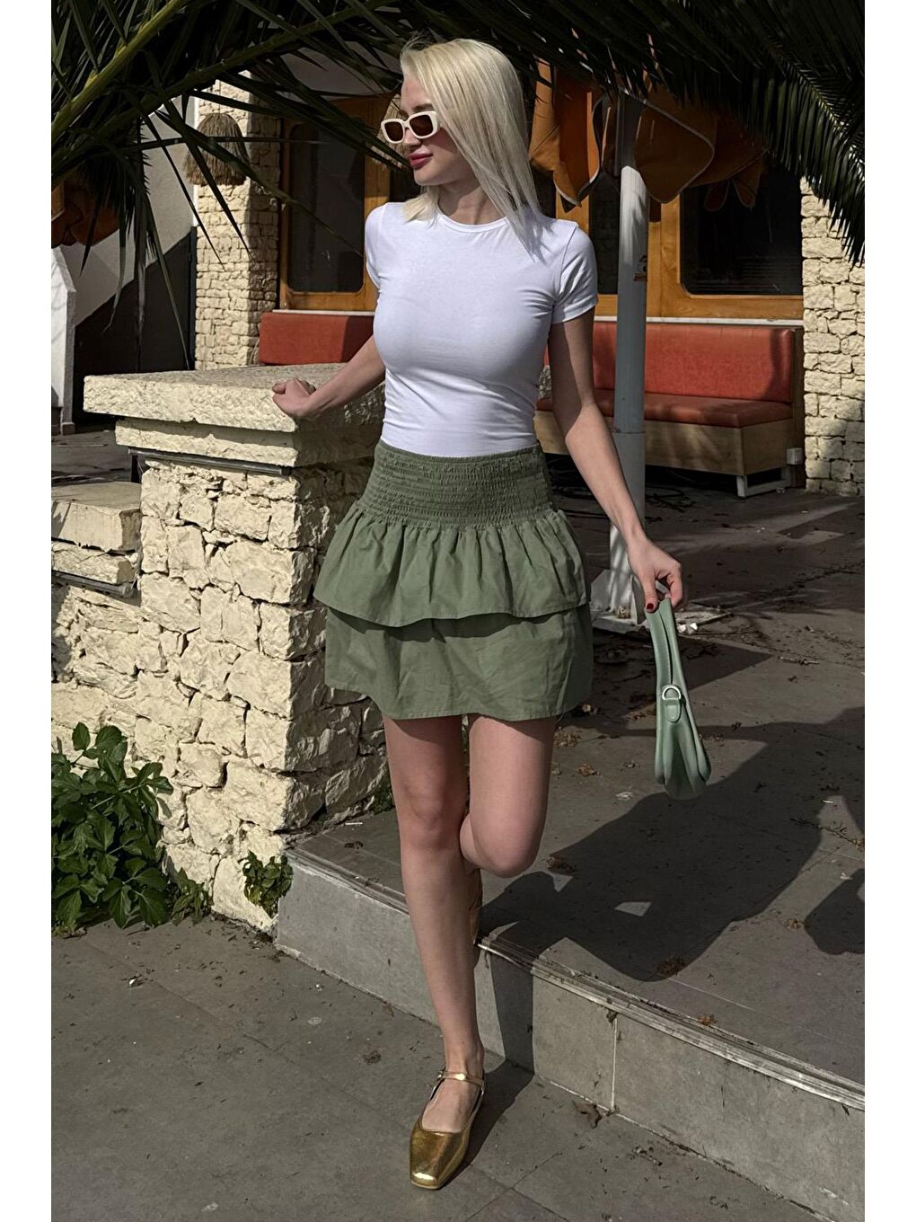 Yeşil Mini Katlı Etek Mg2337-1