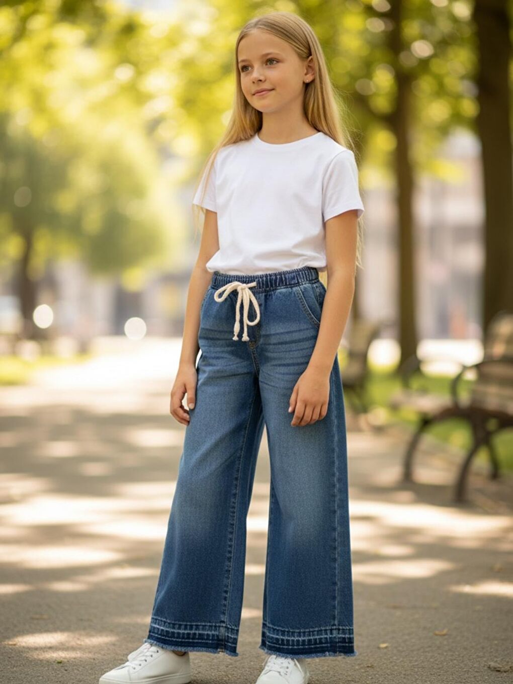 Kız Çocuk Bel Lastik  Mavi Renk Jean Wide Leg Jean Pantolon-1