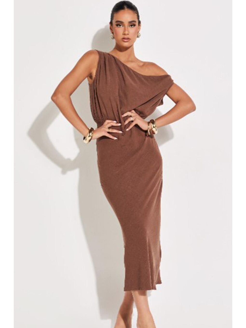 Kahverengi Düşük Omuz Elbise Mg2349-2
