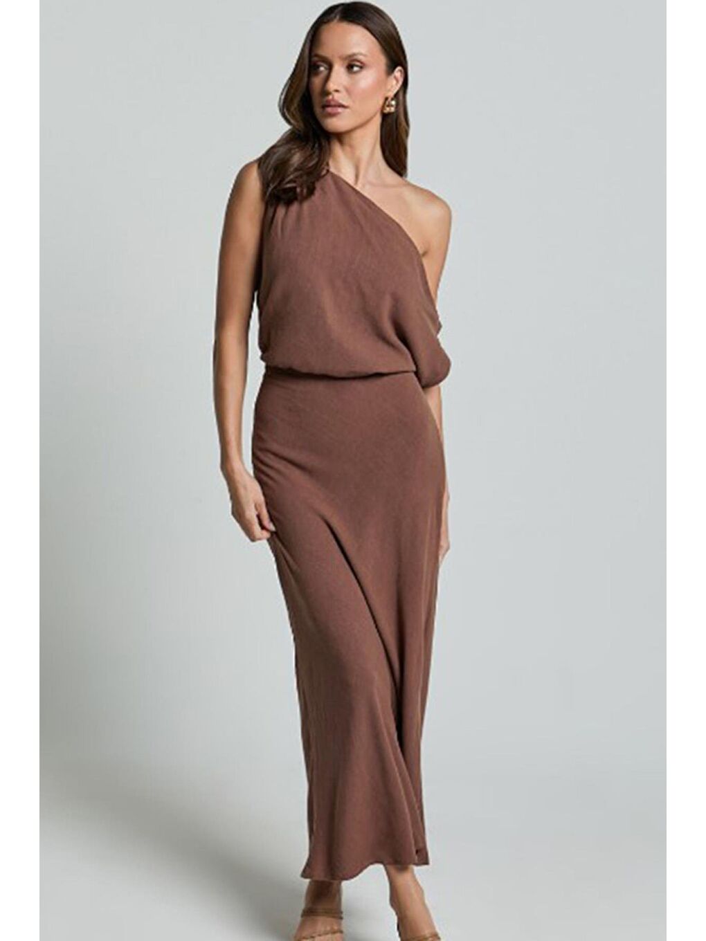 Kahverengi Düşük Omuz Elbise Mg2349-3