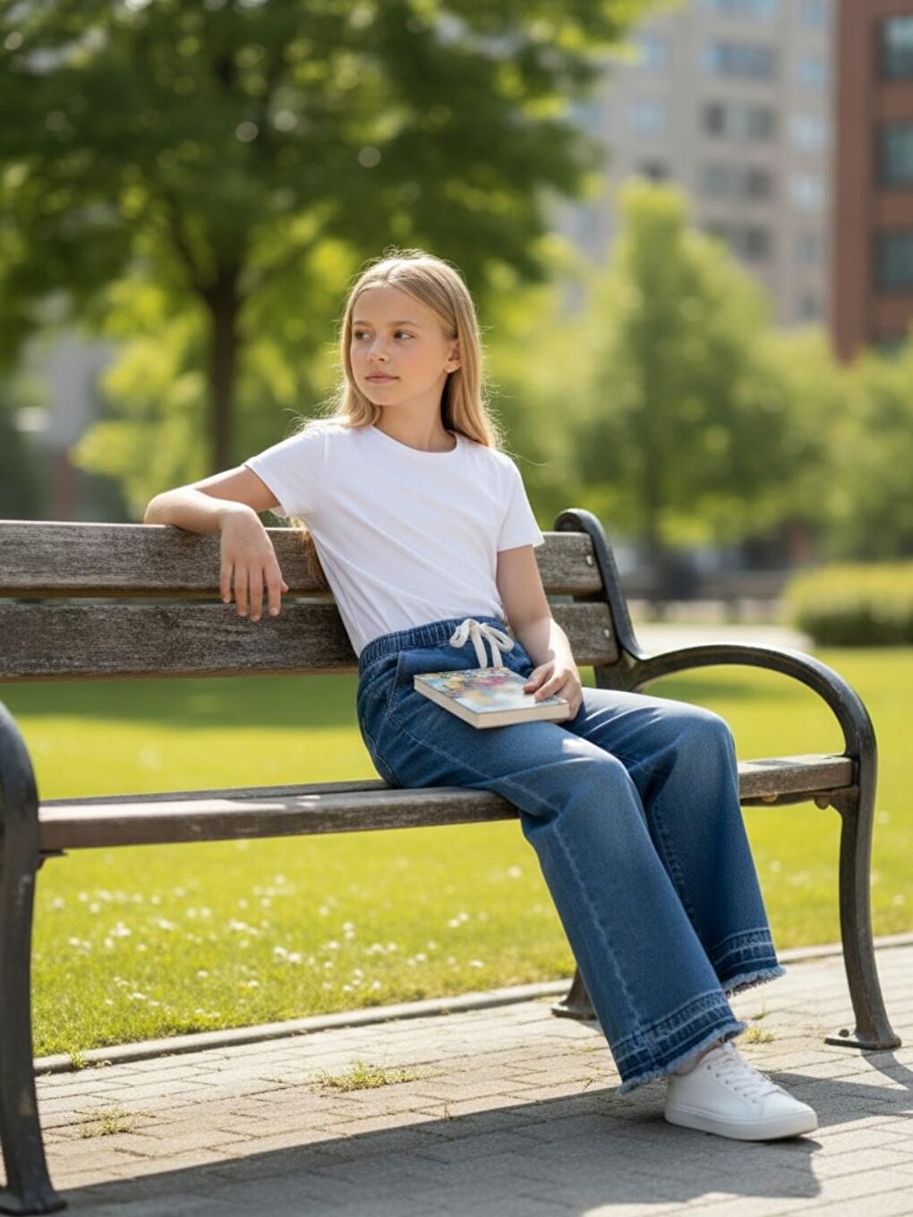 Kız Çocuk Bel Lastik  Mavi Renk Jean Wide Leg Jean Pantolon-2