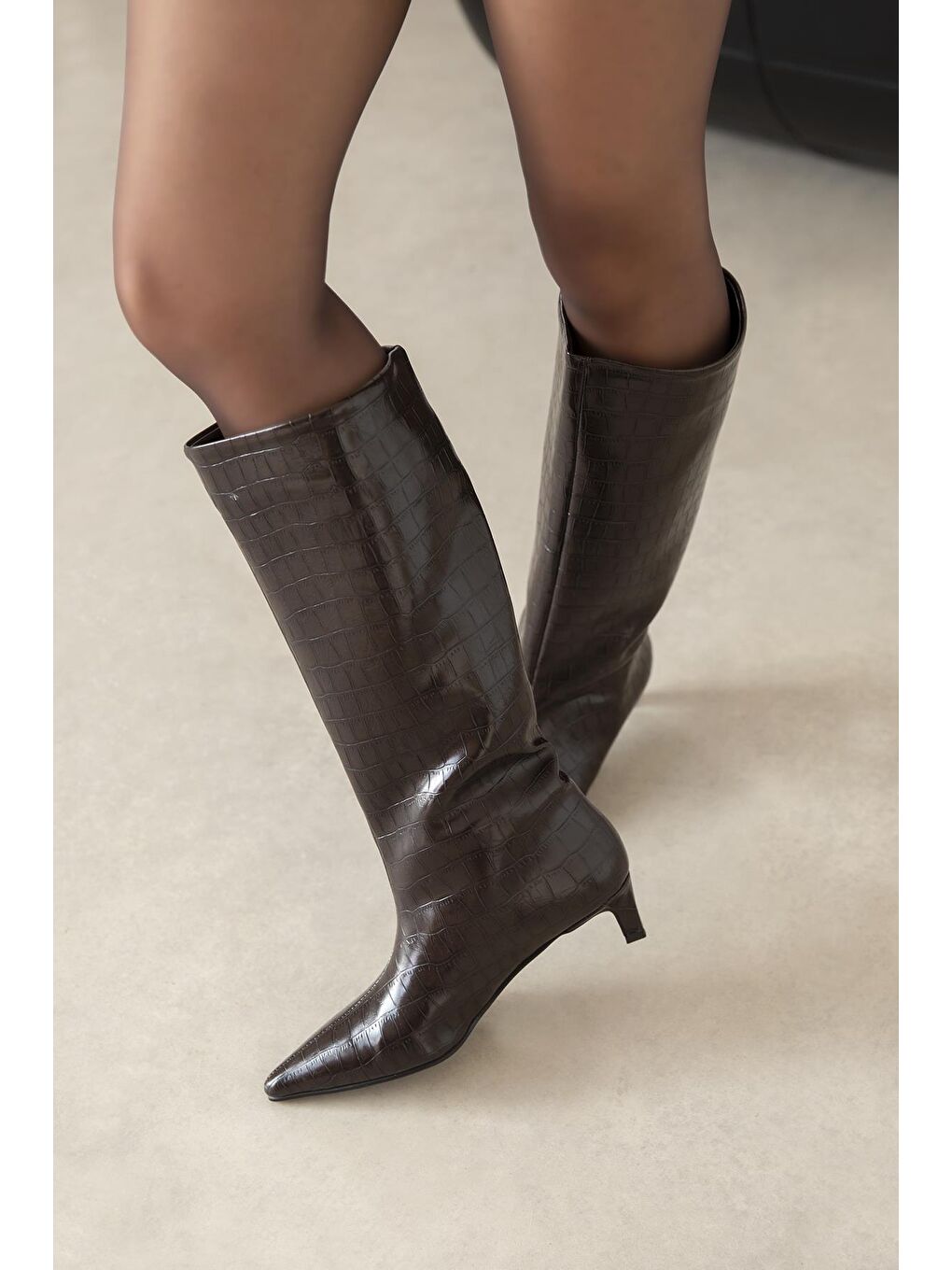 Kahverengi Ella Kadın Kroko Deri Çizme Kahve