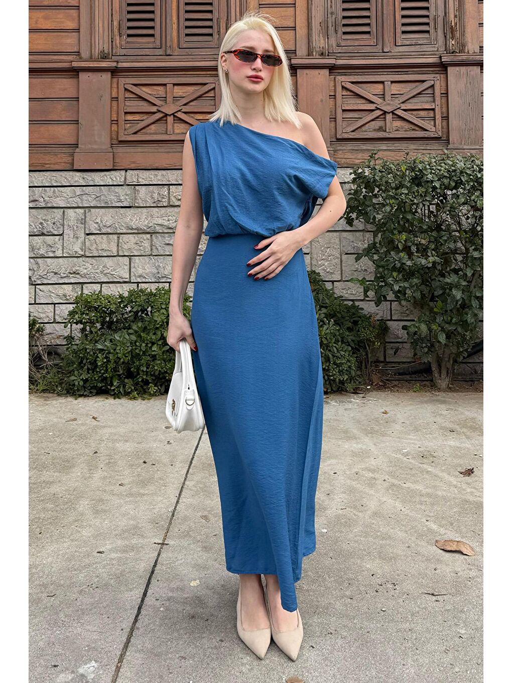 İndigo Düşük Omuz Elbise Mg2349