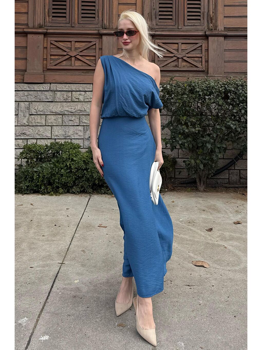 İndigo Düşük Omuz Elbise Mg2349-2