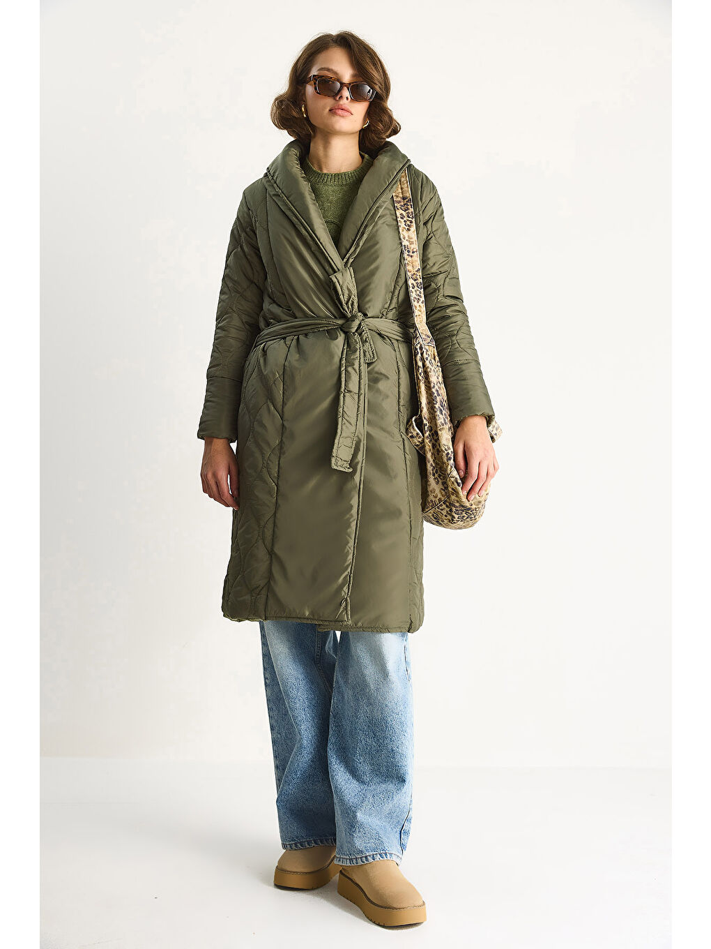 Haki Kadın Kuşaklı Şal Yaka Kapitone Kaban-1