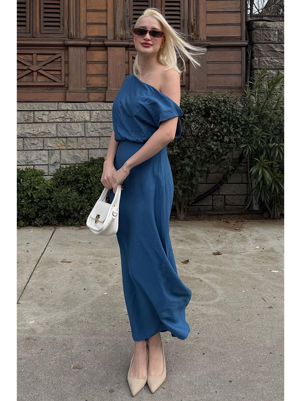 İndigo Düşük Omuz Elbise Mg2349-3