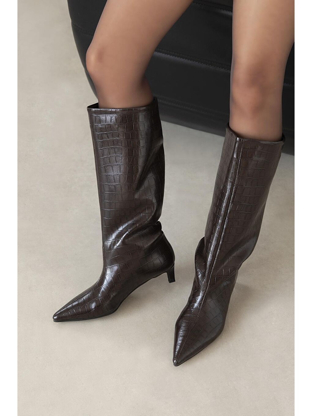 Kahverengi Ella Kadın Kroko Deri Çizme Kahve-1