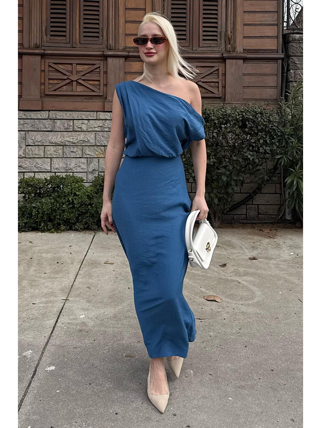 İndigo Düşük Omuz Elbise Mg2349-5