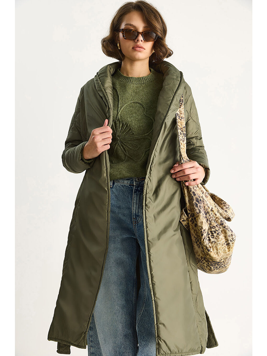 Haki Kadın Kuşaklı Şal Yaka Kapitone Kaban-3