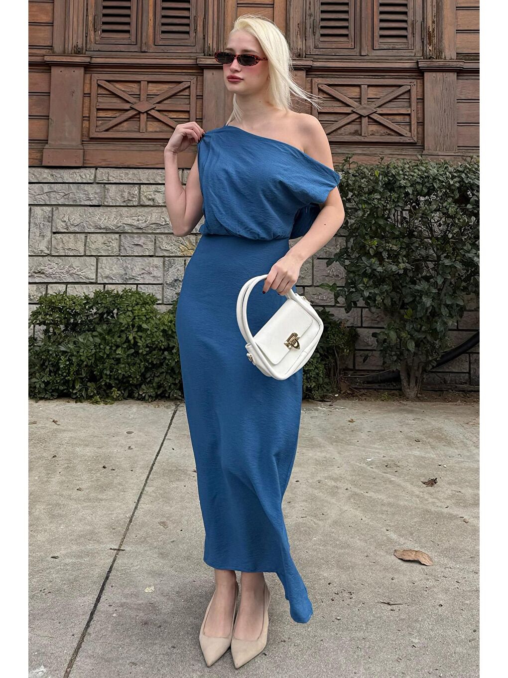 İndigo Düşük Omuz Elbise Mg2349-6