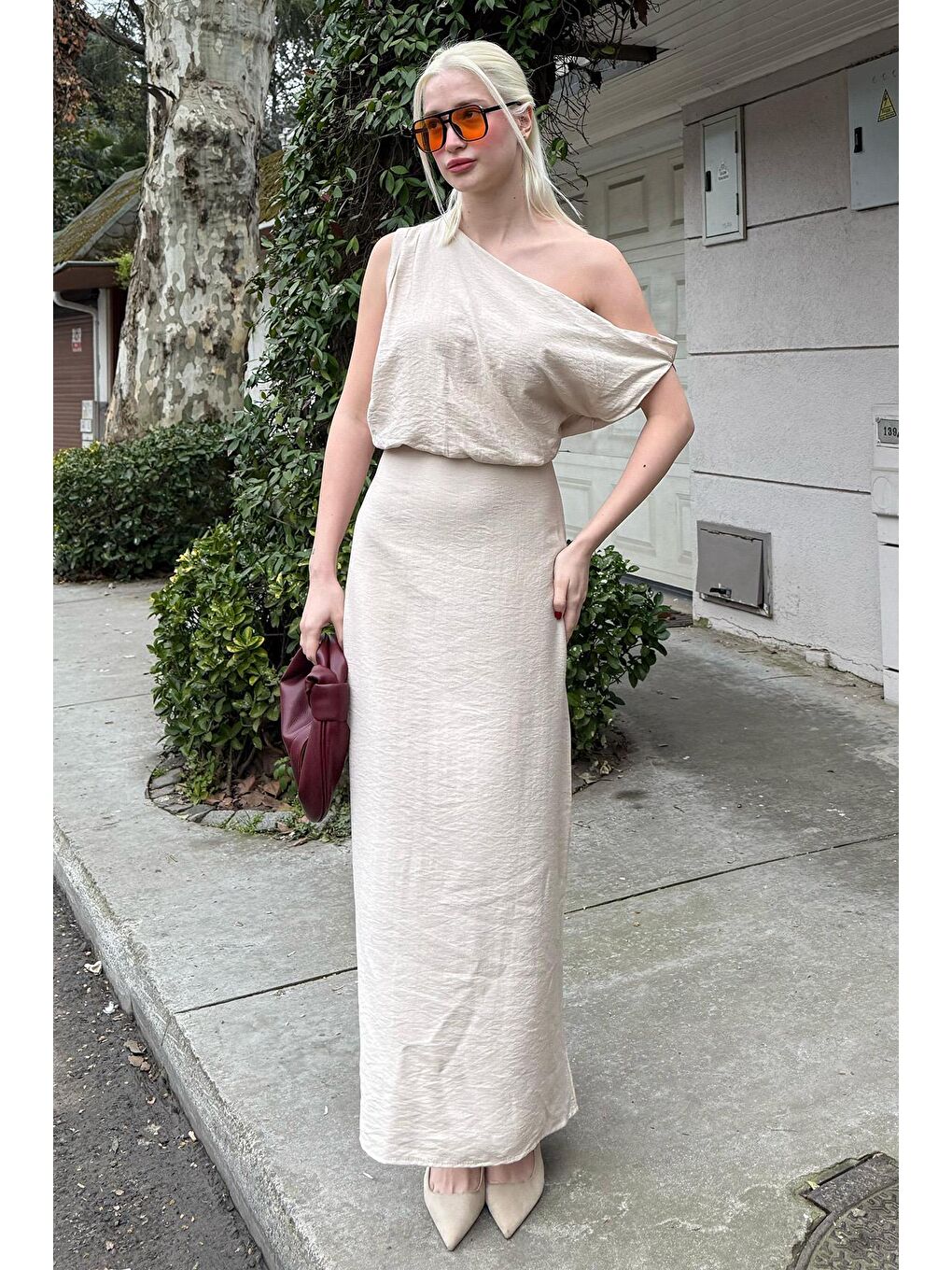 Bej Taş Rengi Düşük Omuz Elbise Mg2349