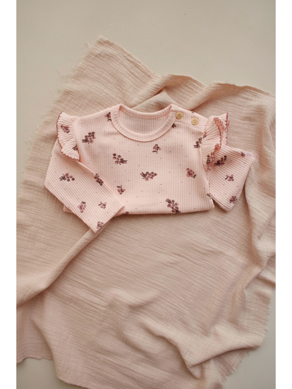 Pembe Üzüm Baskılı Fırfırlı Kaşkorse Bebek Üst-1