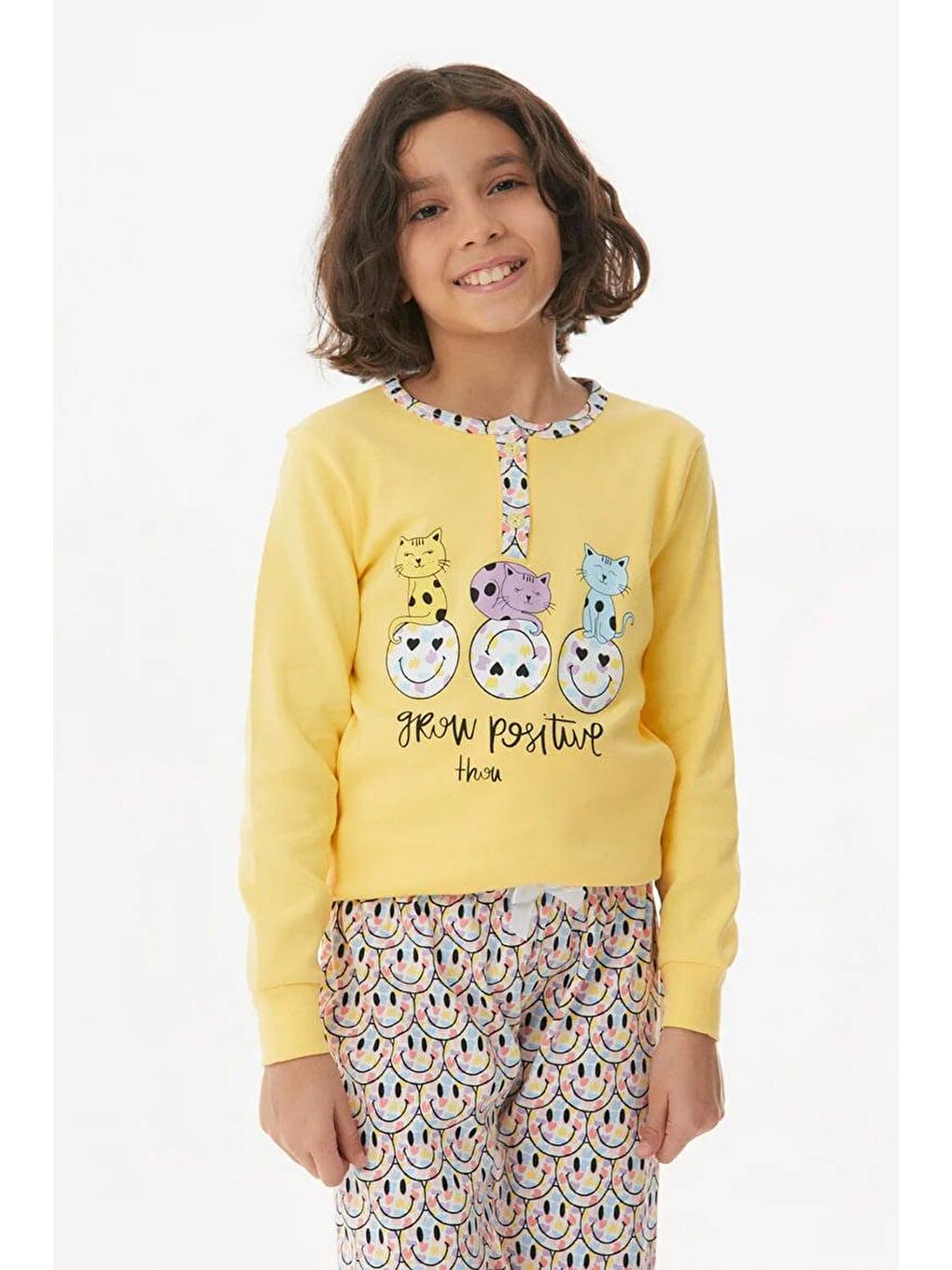 Sarı Baskılı Bisiklet Yaka Kız Çocuk Takım-1